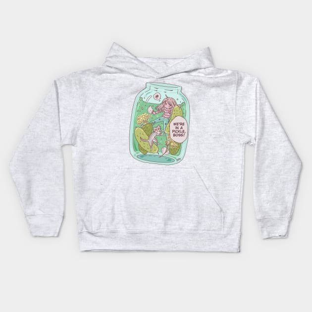 In a Pickle English Idiom funny Cartoon With A Cat Kids Hoodie by Jay Spotting
